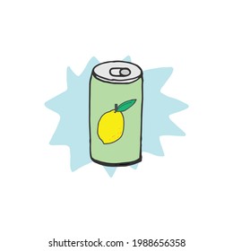Beverage can illustration featuring a lemon-flavored carbonated drink icon in blue color paint spattered style. Ideal for drink-related designs, presenting a refreshing and vibrant beverage can design