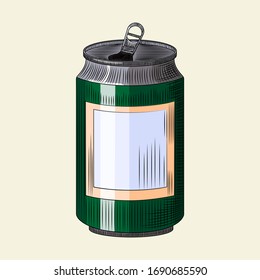 Beverage can isolated on light background. Hand drawn green beer can template. Vintage engraved style. For pub menu, cards, posters, prints, packaging. Vector vintage illustration