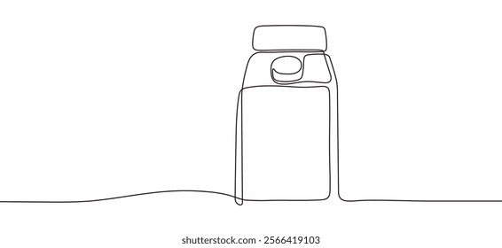 Beverage carton in front view single line art. Hand drawn dairy, juice packaging in continuous line. Editable stroke. For decoration, production line. Vector illustration isolated on white background