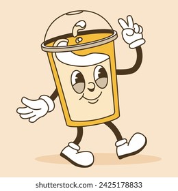 Beverage character with smiling and pleased face showing peace or victory sign. Isolated plastic cup with lid emoticon or emoji with positive expression. Mascot cartoon personage. Vector in flat style