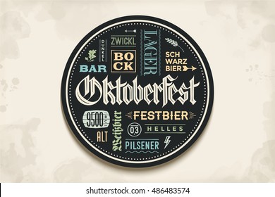 Beverage coaster for beer with hand drawn lettering for Oktoberfest Beer Festival. Vintage drawing for bar, pub, beer themes. Circle for placing a beer mug or a beer bottle. Vector Illustration