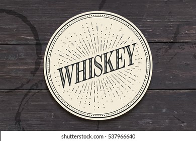 Coaster bebida para vidro com inscrição Whiskey, raios de luz e sunburst. Desenho vintage para bar, pub, temas de uísque. Ilustração vetorial