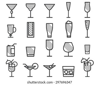 Beverage, cocktail, drinks vector thin line symbol icon. Beer, wine, cognac emblems. Alcohol cocktails. Party outline elements isolated on white background. Unique hatching
design. Vector illustration