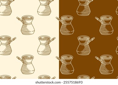 beverage coffee cezve doodle seamless pattern on brown white background for print on packaging, merchandise.  retro cezve coffee pot pattern background. pattern of turkish coffee vector background