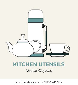 Vector de concepto de set de té de café de bebida aislado. Frasco termo termo de olla de té forma simple. Icono de la ilustración de línea icono café menú pancarta flayer. Cafetería con utensilios blancos fondo aislado