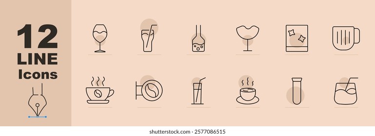 Beverage collection set icon Wine glass, juice glass, bottle, cocktail, ice cubes, beer mug, coffee cup, coffee bean, straw drink, steaming mug, vial, whiskey glass. Drinks, refreshments, beverages