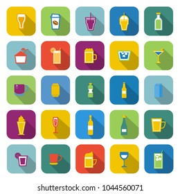 Beverage color icons with long shadow, stock vector