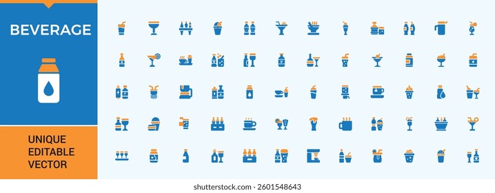 Beverage colorful icon collection. Includes flat solid symbols wine, cocktail, juice, soft, tea, bottle and more. Filled symbol collection. Food simple icon. Vector illustration. Pixel perfect.