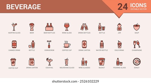 Beverage colorful icons set. Breakfast and drinks color symbol collection. Line sign for web and ui. Vector illustration. Icon names are written in English.