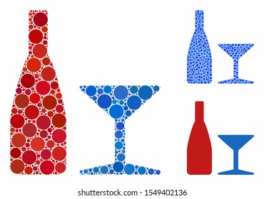 Beverage composition of filled circles in variable sizes and color tones, based on beverage icon. Vector filled circles are grouped into blue illustration.
