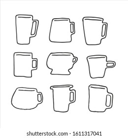  Beverage cup set of glasses  Hand drawn line art, sketch doodle style vintage isolated on white. Tableware alcohol drinks and cocktails. wine bottles, martini, cognac, cherry, beer