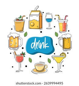 
Beverage doodle set isolated on white background.