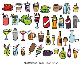 Beverage doodle set isolated on white background