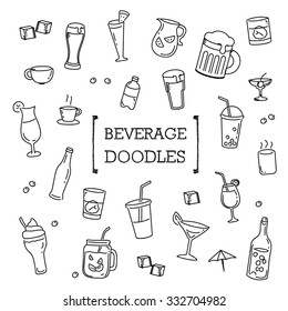 Beverage doodles set. Hand drawing styles drinks.