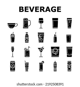 beverage drink juice fresh water icons set vector. ice tea, fruit ad splash, lemon glass soda, cold mint, cool bottle cup, liquid beverage drink juice fresh water glyph pictogram Illustrations