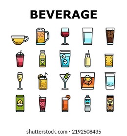 beverage drink juice fresh water icons set vector. ice tea, fruit ad splash, lemon glass soda, cold mint, cool bottle cup, liquid beverage drink juice fresh water color line illustrations