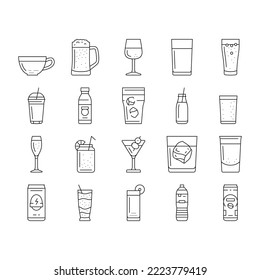 beverage drink juice fresh water icons set vector. ice tea, fruit ad splash, lemon glass soda, cold mint, cool bottle cup, liquid beverage drink juice fresh water black contour illustrations