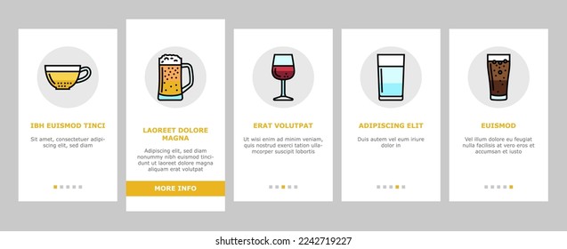 beverage drink juice fresh water onboarding mobile vector. ice tea, fruit ad splash, lemon glass soda, cold mint, cool bottle cup, liquid beverage drink juice fresh water color line illustrations