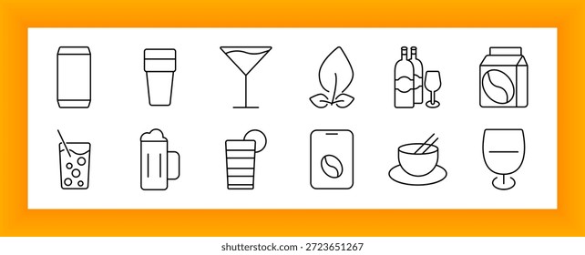 Symbol für Getränke- und Getränkesatz. Umfasst Wein, Saft, Bier, Kaffee, Tee, Karton, Flasche, Becher, Glas, Stroh, Tasse, Cocktail und verwandte Getränke und Flüssigkeitssymbole