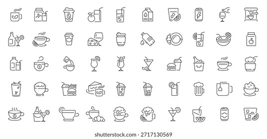 Bebidas e bebidas editáveis linha ícones conjunto: estilo de contorno, símbolos de comida e refresco