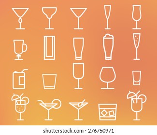 Beverage, drinks vector thin line symbol icon. Cocktails. Party outline elements isolated on sunny summer background. Vector illustration