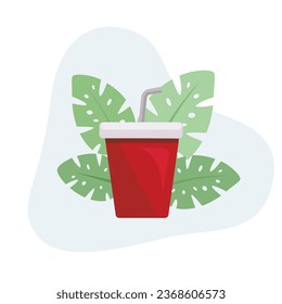 Beverage flat design vector Illustration Icon decorated with leaves for web use for glass, beverage, drink, soda, liquid, lemonade, refreshing.
