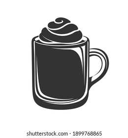 Beverage with foam and cream in a tall glass mug silhouette design. Flat modern clip art for cafe shops, menu, coffee, drinks etc.
