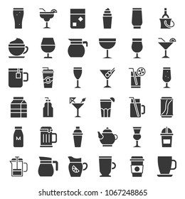 beverage and glass element set, solid icon vector