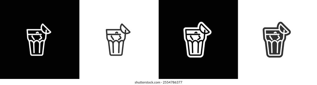 Beverage glass icons. Classic alcoholic cocktail and cocktail glass thin line and flat icon. Cocktail glass vector illustration symbols in black white and transparent background.