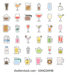 beverage and glass set, filled outline icon vector