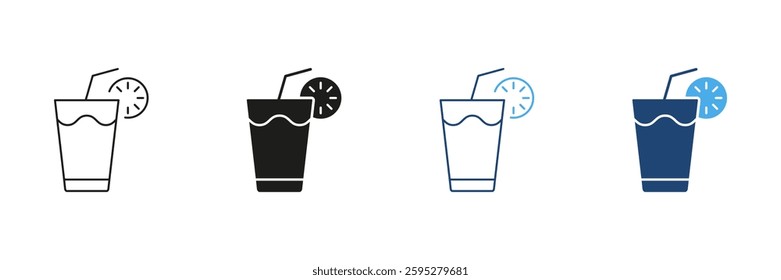 Beverage Glass With Straw And Lemon Slice Line and Silhouette Icon Set. Juice Or Healthy Drink Icon For Cafes And Restaurants. Editable Stroke. Isolated Vector Illustration.