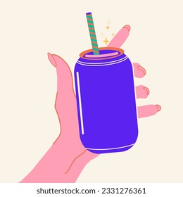 Beverage in hand. A can with liquid in hand. Doodle . Naive style. Energy drink, lemonade, cider. A bottle for the liquid. An abstract illustration of a drink. Refreshing cocktail. Vector