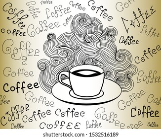 Beverage hand drawn vector seamless texture with coffee cup and handwritten words “coffee”, old paper effect