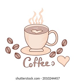 Beverage handwritten vector cup with the text "Coffee" and the hot coffee cup