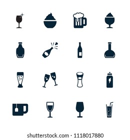 Beverage icon. collection of 16 beverage filled icons such as cocktail, bottle, glasses clink, milk glass, milkshake, soda. editable beverage icons for web and mobile.