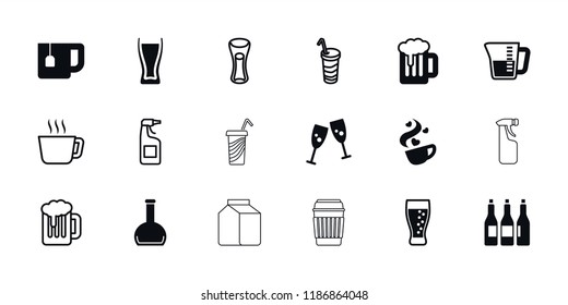 Beverage icon. collection of 18 beverage filled and outline icons such as glasses clink, bottle, soda, decanted, cleanser, tea. editable beverage icons for web and mobile.