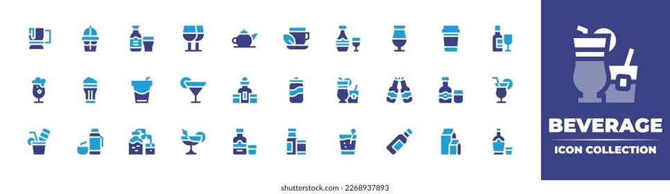 Beverage icon collection. Duotone color. Vector illustration. Containing beverage, beer, wine, teapot, herbal tea, bottle, hot beverage, cocktail, tequila shot, cola, beer bottle, alcohol, thermo.