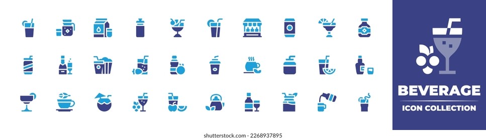 Beverage icon collection. Duotone color. Vector illustration. Containing beverage, beverages, milk, water bottle, cocktail, orange juice, margarita, gin, soda can, champagne, popcorn, drink, tea.