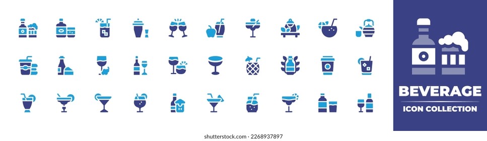 Beverage icon collection. Duotone color. Vector illustration. Containing beer, whiskey, lemonade, shaker, toast, apple juice, cocktail, teapot, coconut, matcha, soft drink, wine, wine bottle, glass.