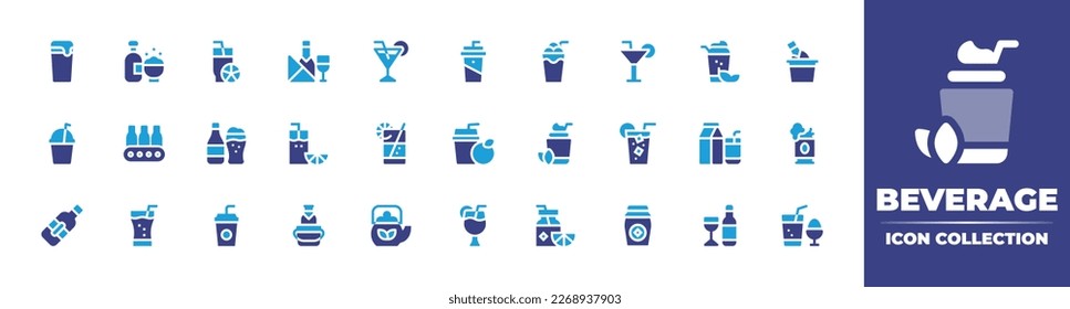 Beverage icon collection. Duotone color. Vector illustration. Containing beer, bottle, orange juice, wine, cocktail, soda, milkshake, ice bucket, beverage, lemon juice, lemonade, juice, cream.