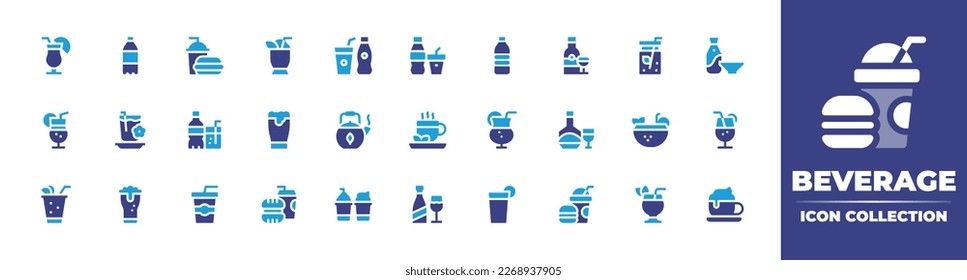 Colección de iconos de bebida. Color de duotona. Ilustración vectorial. Consta de botellas de verano, refrescos, comida rápida, cóctel, refrescos, bebida fría, botella de agua, vino, agua infundida, sake, té, pinta, té verde.