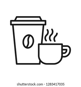 Beverage icon, ice coffee in paper cup and hot coffee in ceramic cup. Stroke outline style. Line vector.