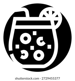 Beverage icon representing a cool refreshing drink in a glass with a straw, lemon or lime slice, and ice cubes or effervescence, suitable for ui, web, or print designs