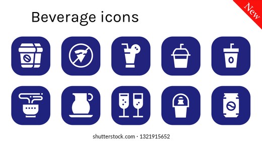 beverage icon set. 10 filled beverage icons.  Collection Of - Coffee, No fast food, Juice, Soda, Tea, Jug, Champagne, Can