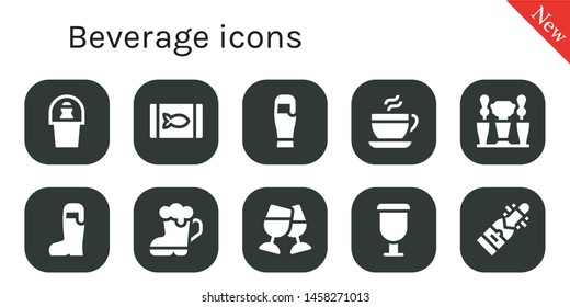 beverage icon set. 10 filled beverage icons.  Collection Of - Champagne, Canned food, Beer, Coffee, Beer tap, Toast, Cup