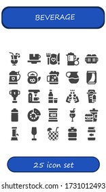 conjunto de iconos de bebidas. 25 iconos de bebidas rellenos. Incluye cóctel, Copa, Comida, Zumo, Cervezas, Cerveza, Tetera, Cerveza Oscura, Can, Cafetera, Vodka, Café, Botella, Romper, Iconos de comida en lata