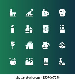 beverage icon set. Collection of 16 filled beverage icons included Wine, Coffee machine, Beer, Cocktail, Hop, Coffee, Milk, Chocolate bar, Beer can, Beers, Bottle, Toast, Tea