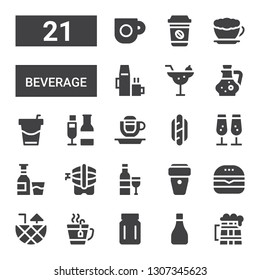 beverage icon set. Collection of 21 filled beverage icons included Beer, Bottle, Jar, Tea, Cocktail, Burger, Coffee cup, Wine, Alcohol, Champagne, Hotdog, Beverage, Vinegar, Hot drink