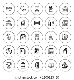Beverage icon set. collection of 25 outline beverage icons with bar, bars, beer keg, beer, burger, coffee cup, beers, coffee, cup, drink, food icons. editable icons.