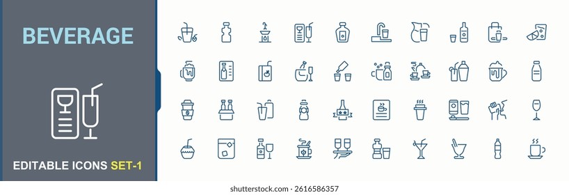 Beverage icon set. Contains such symbols as juice, wine, tea, restaurant, beer, glass. Drinks icon set. Icons for website. Vector collections.